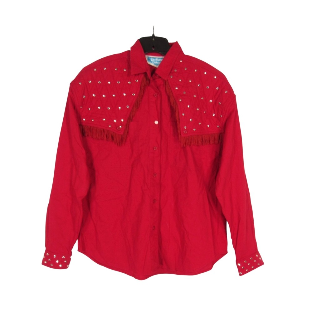 VTG SOUTHWEST CANYON Red QUILTED/STUDDED Fringed WESTERN Button-Up SHIRT/TOP L